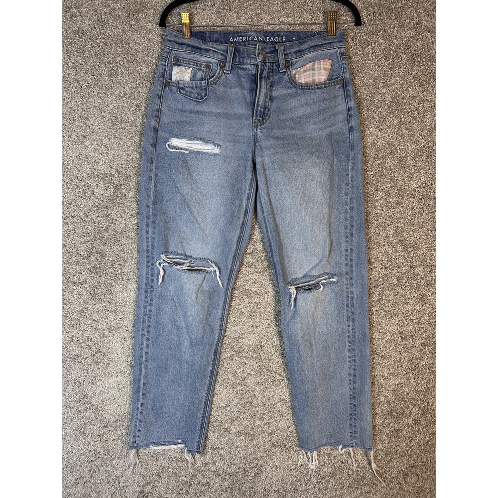 American Eagle Patchwork Jeans 2 Short Mid Rise Distressed Frayed Hem Casual 90s